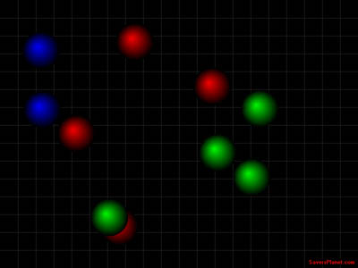 Ten red, green and blue balls move around your screen, bouncing off each other!