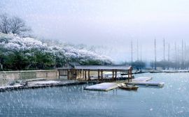 Snowing over lake Wallpaper