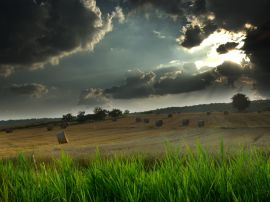 Clouds over hayfield Обои